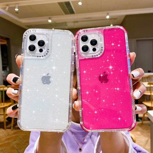 3 IN1 For iPhone 13 12 11 14 15 16 Pro Max XR X XSMAX XS SE 6 7 8 Plus Heavy Duty Shining Glitter Shockproof Bumper Phone Case - covers4phones