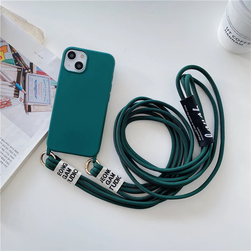 Fashion Crossbody Lanyards Necklace Liquid Silicone Case For iPhone 16 15 14 13 11 12 Pro Max Mini XS XR X 8 7 Plus Matte Cover
