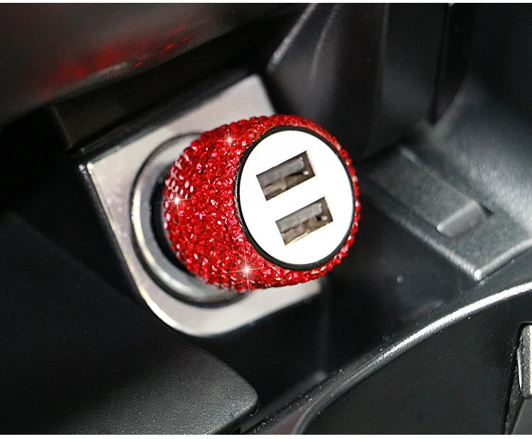 Dual USB Car Charger Bling Bling Handmade Rhinestones Crystal Car Decorations for Fast Charging Car Decors for iPhone/Samsung