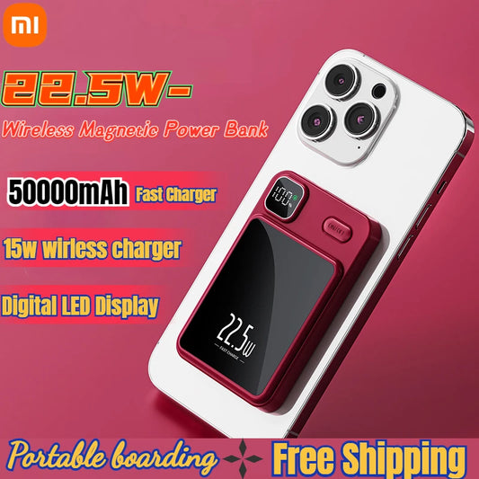 Xiaomi 50000mAh Wireless Magnetic Power Bank Portable Fast Charging External Battery for Magsafe Android iPhone 13 14 15 Samsung - covers4phones