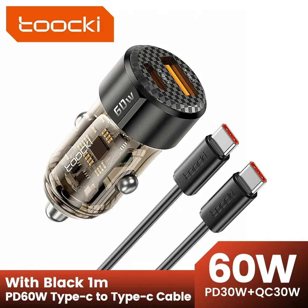 Toocki 60W Car Charger 30W Quick Charge Transparent Case PD 27W for iPhone 15 14 13 12 Xiaomi Poco Samsung Fast Charger Charging - covers4phones