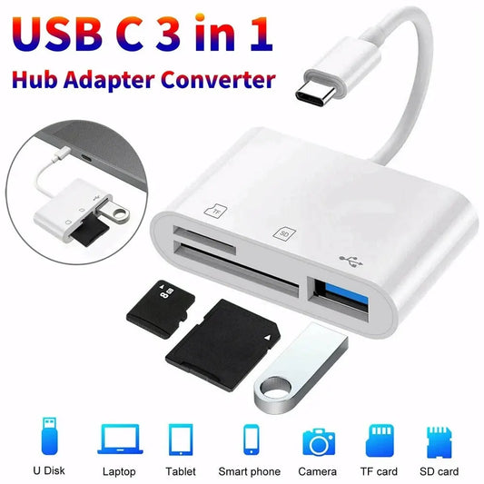 3 In 1 Adapter Type-C, Tf, Cf, Sd, Memory Card Reader, Recorder, Compact Flash Usb-C, Pro, Huawei, Macbook - covers4phones