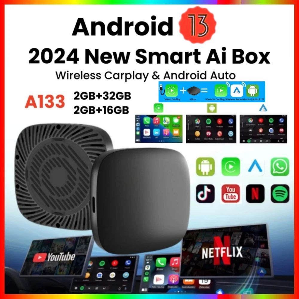 Carplay AI Box Android 13 Wireless Android Auto Smart TV Box For Youtube Netflix Toyota Mazda Hyundai Haval GMC Ford MG VW Kia - covers4phones