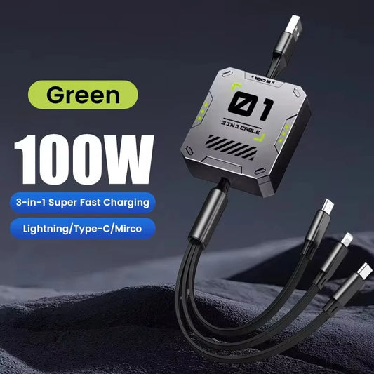 3 In 1 Retractable Phone Data Cable Type C Usb 100W Fast Charging Cable Suitable For iphone Huawei Xiaomi Android Micro - covers4phones