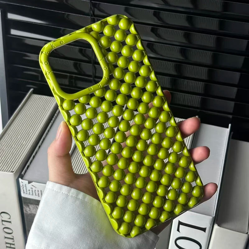 Fashion Green Pearl Round Bead Hollow Out Phone Case For iPhone 16 15 13 14 Pro Max Soft TPU Heat Dissipation Back Cover