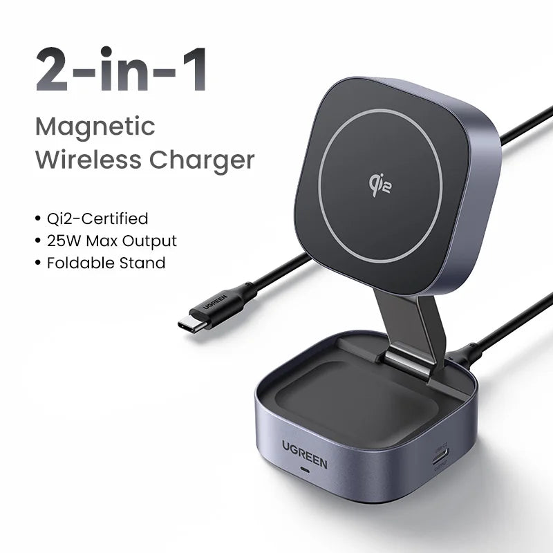 UGREEN Qi2 25W Magnetic Wireless Charger Stand 2-in-1 Charging Stand For iPhone 15 16 Pro Max/AirPods For MagSafe Fast Charger - covers4phones