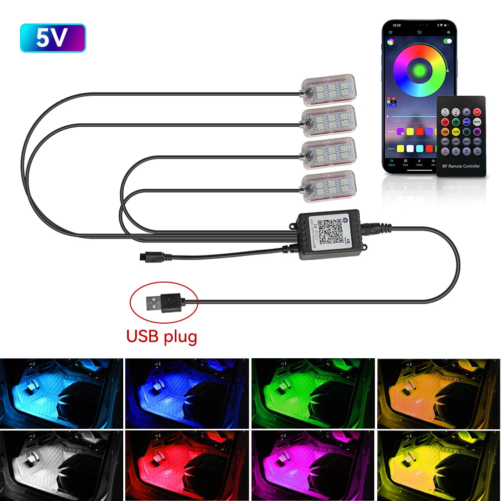 LED Car Interior Ambient Foot Strip Light Kit Accessories Backlight Remote App Music Control Auto RGB Decorative Lamp