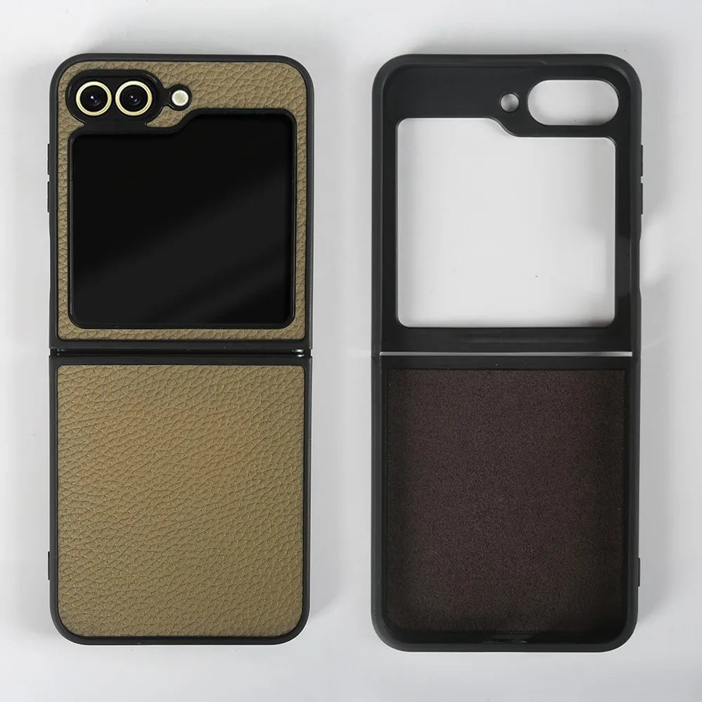 Luxury Genuine Leather Case For Samsung Galaxy Z Flip6 Cases for galaxy Z Flip 6 phone Cover Litchi Pattern Cowhide Coque Shell