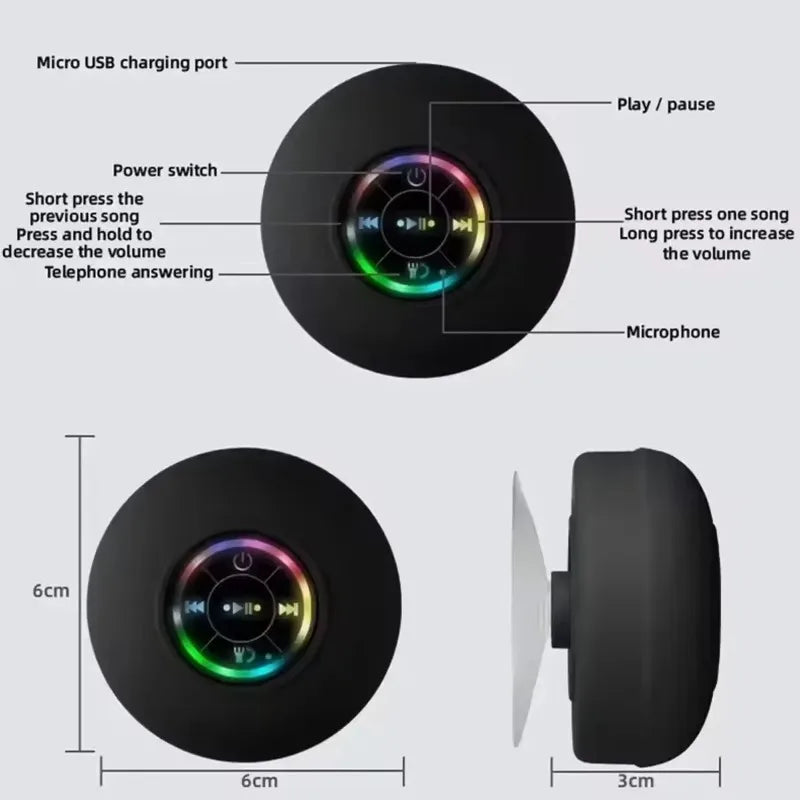 VIKEFON Portable Bluetooth Audio Ipx4 Waterproof Led Lights Bathroom Outdoor Large Suction Cup Can Be Adsorbed Wall Speaker - covers4phones