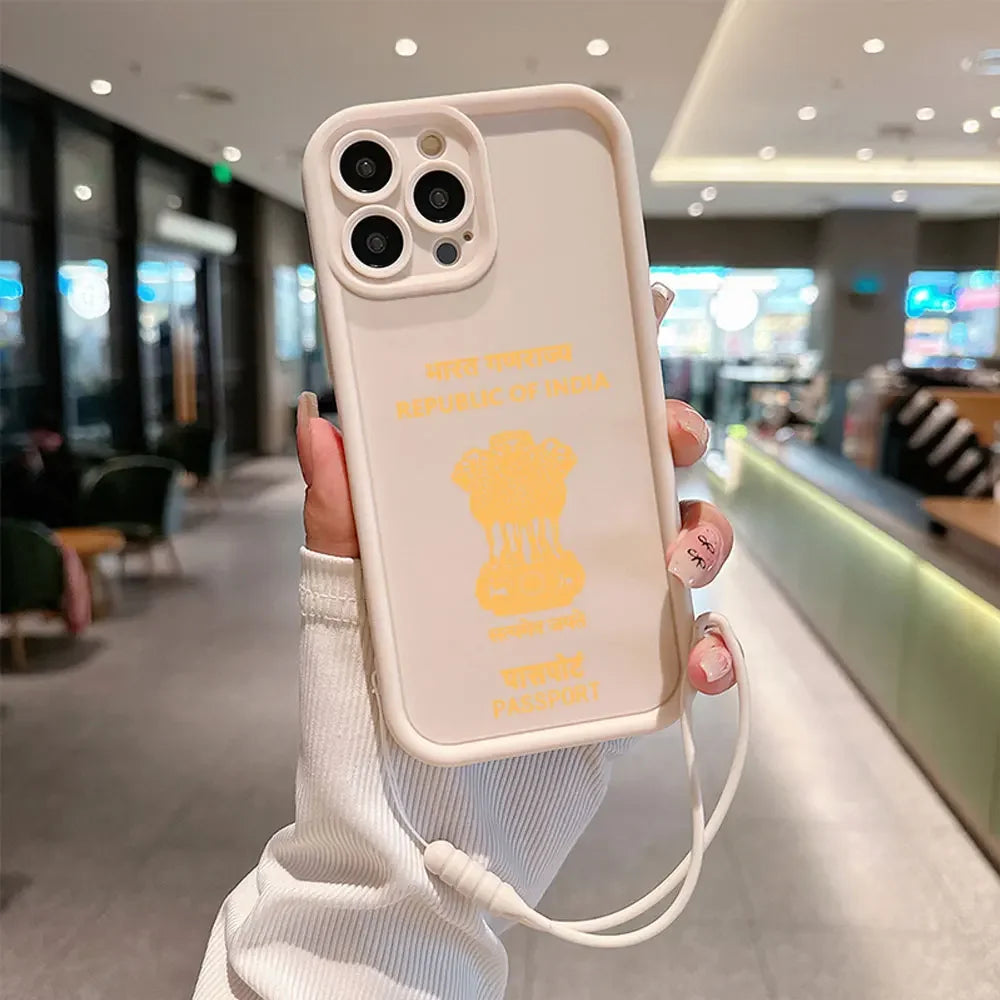 India Passport Phone Case for IPhone 16 15 14 13 12 11 Pro Max Mini XR XS X 7 8 Plus Soft TPU Back Cover With Hand Strap - covers4phones