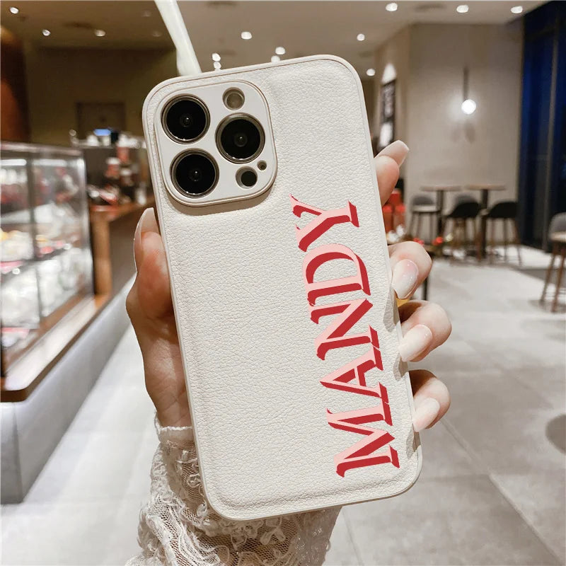3D Colorful Personalised Name Case For iPhone 11 12 13 14 15 16 Pro Max XR XS MAX 7 8 Plus Luxury Korea Leather Customized Cover - covers4phones