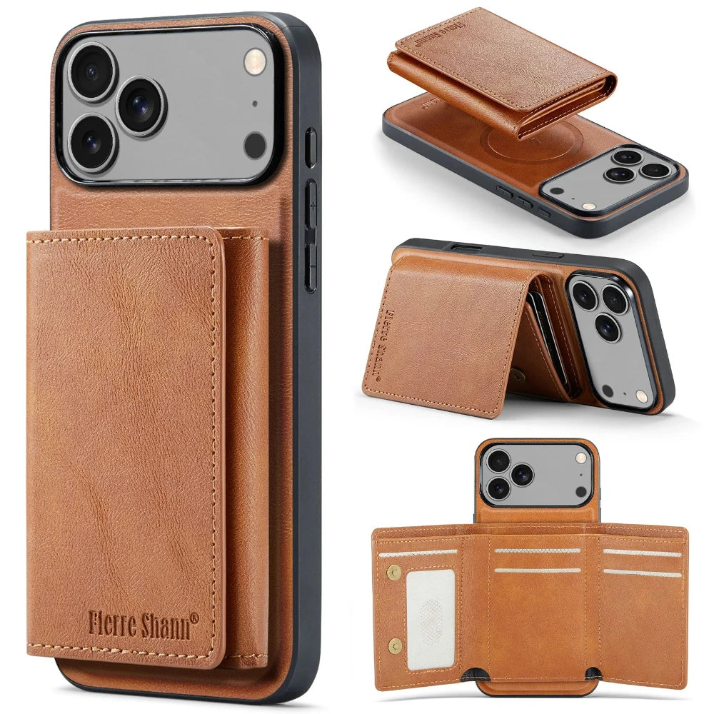 Leather Phone Case for iPhone 17 Pro Max 17Air 16e 16 Plus 15 14 13 12 11 7 8 SE3 Magnetic Detachable Card Holder Wallet Cover