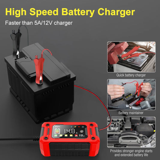 Newest 12V Car Battery Charger 15A/8A Pulse Repair Large Display Smart Charger for Car Motorcycle Lead Acid AGM GEL Batteries