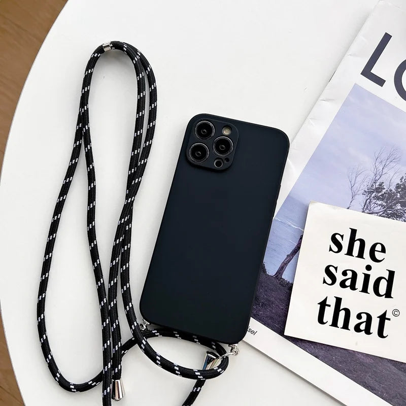 Simple Crossbody Lanyard Silicone Case For iPhone 15 11 12 13 14 Pro Max XR X XS 7 8 Plus Cord Rope Necklace Strap Soft Cover - covers4phones