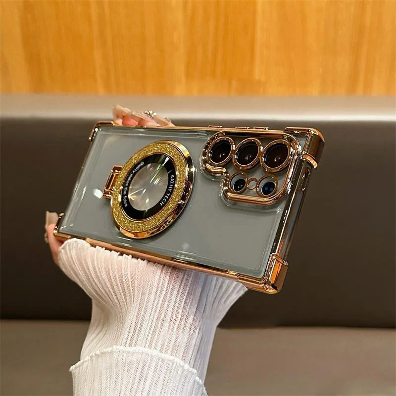 for Magsafe Glitter Bracket Case for Samsung Galaxy S24 Ultra S23 FE S22 Plus Note 20 Stand Holder Gradient Plating Bling Cover - covers4phones