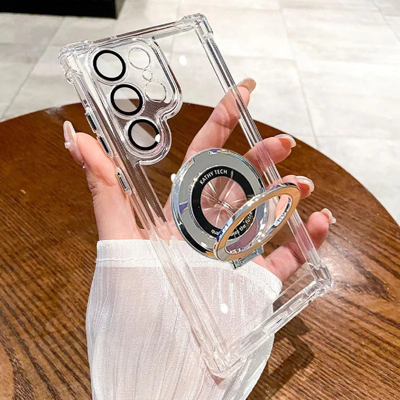 Luxury Magnetic Plating Stand Shockproof Clear Case For Samsung Galaxy S25 S24 Ultra S23 S22 S21 Plus Note20 Acrylic Back Cover