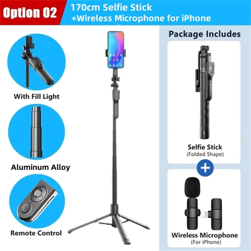 FANGTUOSI 1750mm Wireless Selfie Stick Tripod Stand Foldable Monopod With Led Light For Smartphones Balance Steady Shooting Live - covers4phones