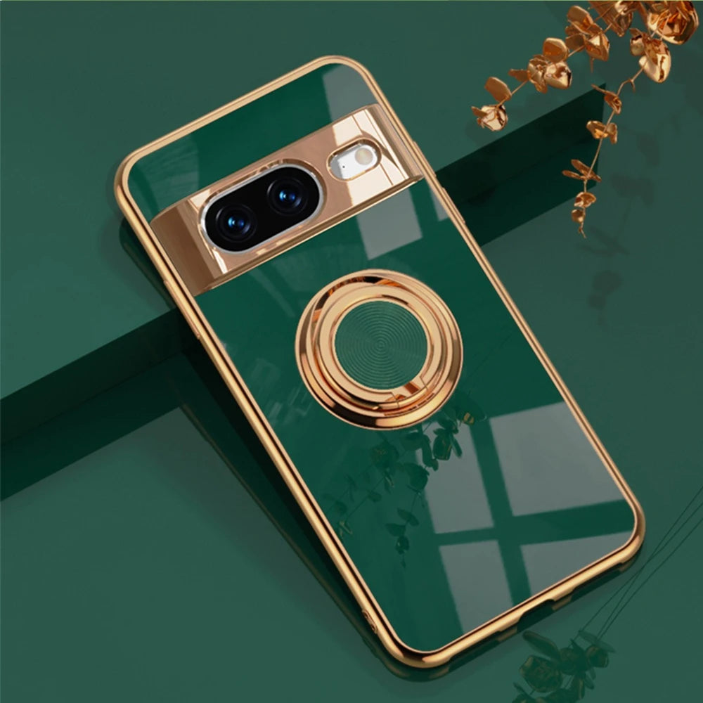 Luxury Ring Holder Magnetic Stand Case for Google Pixel 9 8 7 Pro 8A 7A 6A 5A Pixel8A Bracket Plating Soft TPU Shockproof Cover