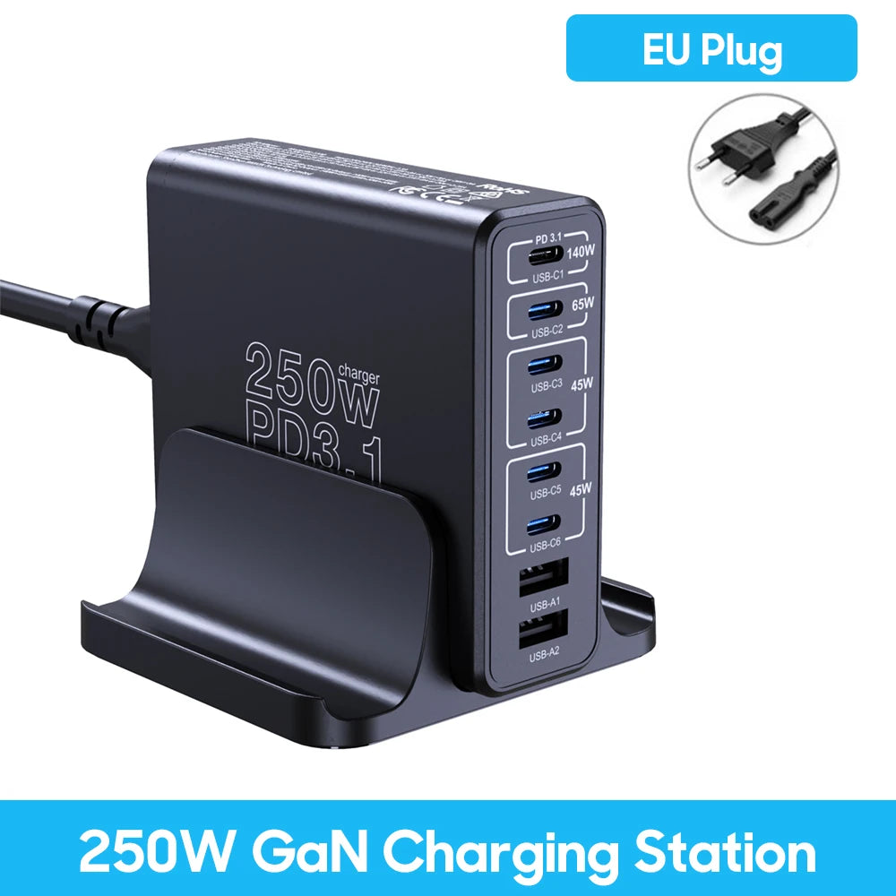 250W GaN USB C Charger Station 8-Ports Fast Charger Type C PD3.1 PD3.0 PPS Quick Charger For Macbook Pro iPad iPhone 16 Samsung