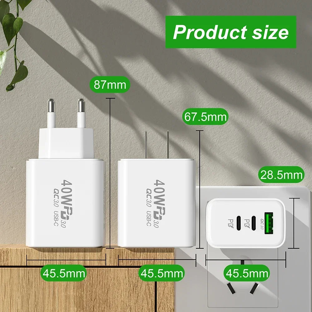 USB C Charger 40W Mobile Phone Type-C PD Fast Charging High Speed Quick Charge 3.0 Wall Adapter Multiple Ports for iPhone Xiaomi - covers4phones