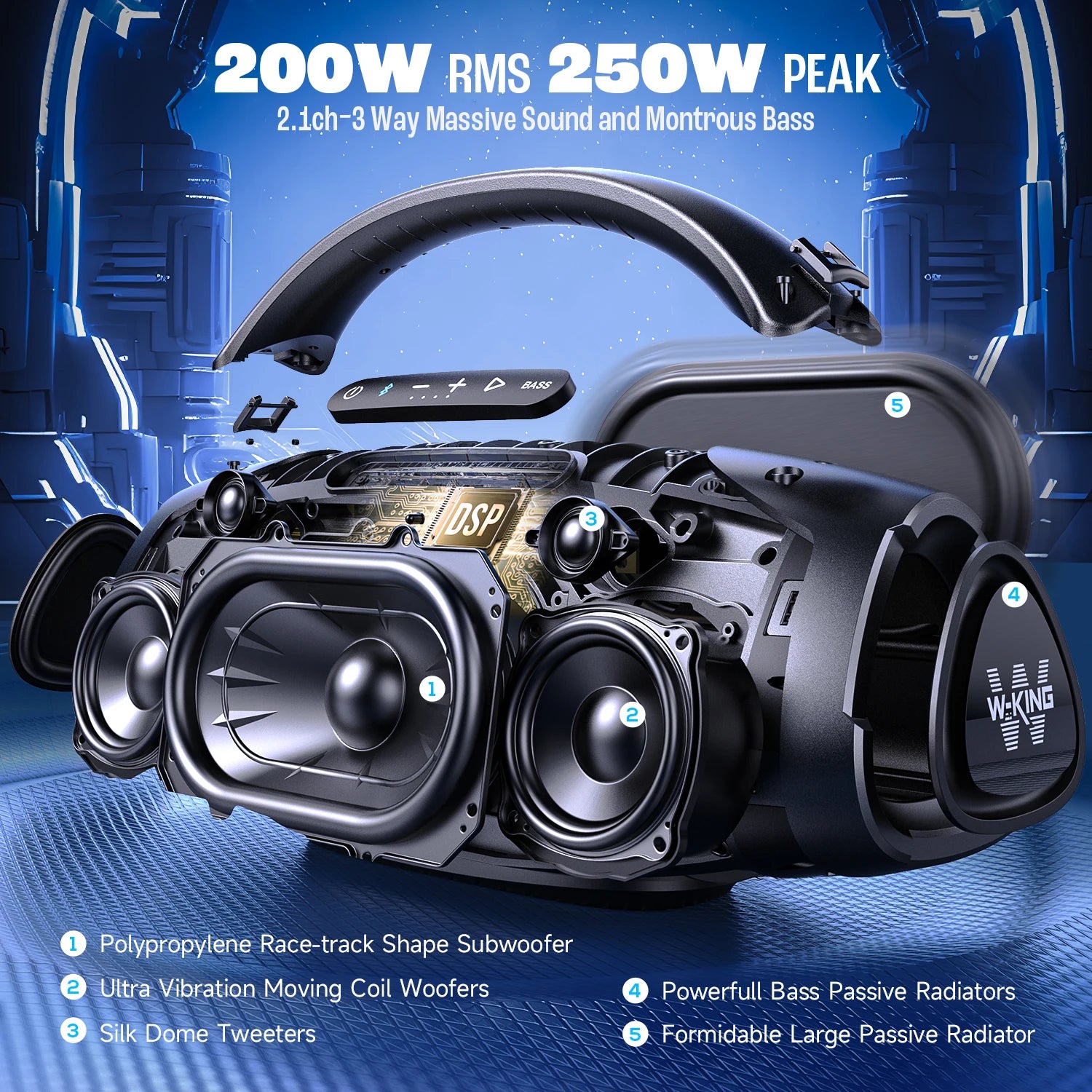 W-KING 200W RMS Portable Bluetooth Speakers, Massive Bass Party Boombox IPX7 Waterproof Speaker Large, Loud Outdoor Speaker - covers4phones