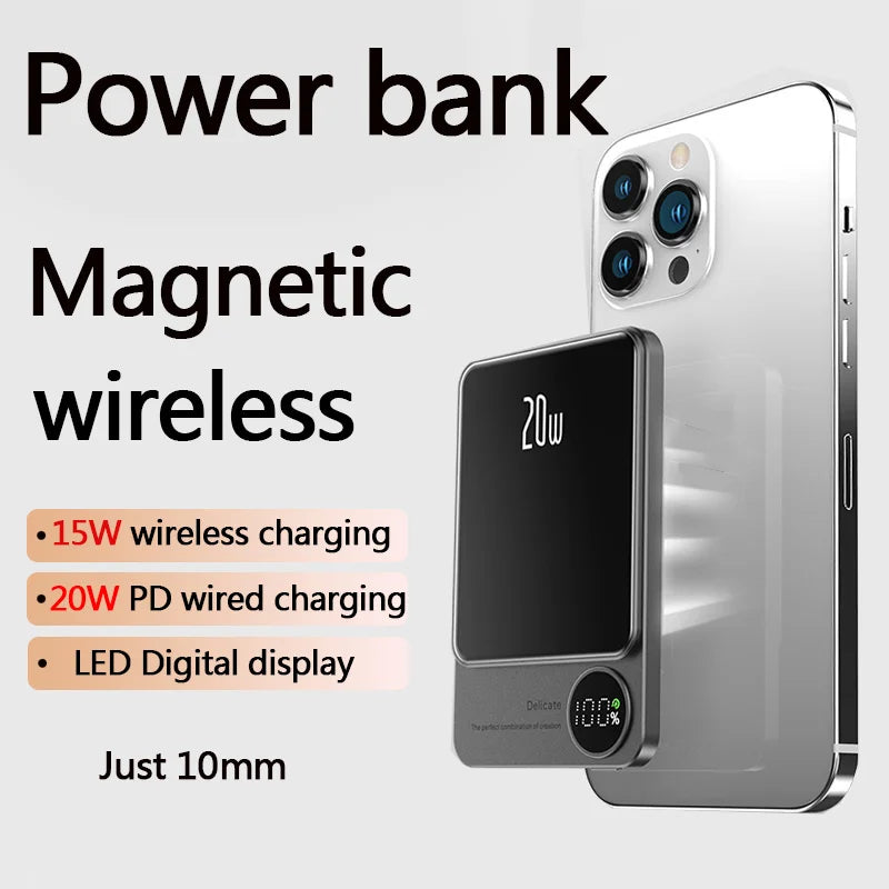 10000mAh Alloy Macsafe Powerbank Magnetic Power Bank Wireless Fast Charger For iPhone 15 14 13 12 11 Backup battery For Magsafe - covers4phones