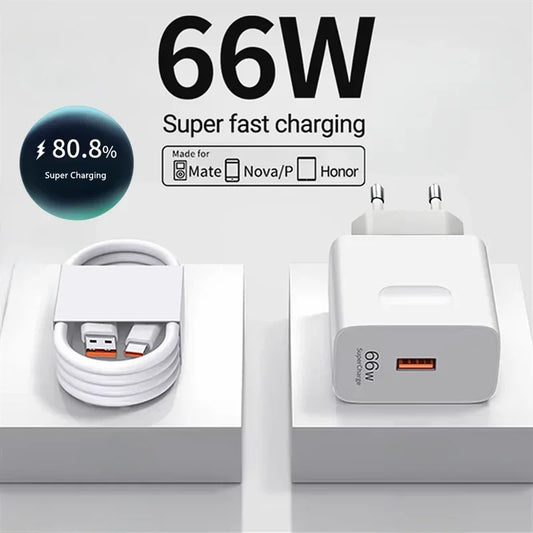 USB Fast Charger 66W Quick Charge 3.0 EU/US Plug Wall Adapter 6A USB To Type C Cable for For Huawei Mate 50 60 Nova 10 Honor 100