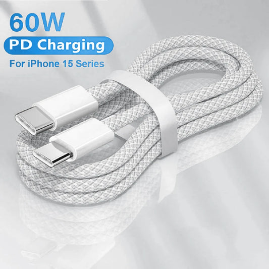 Usb C to Type C Fast Charging PD 60W Mobile Phone Date Cable For Iphone15 Android Samsung Huawei Type C Braided Charger Cable - covers4phones