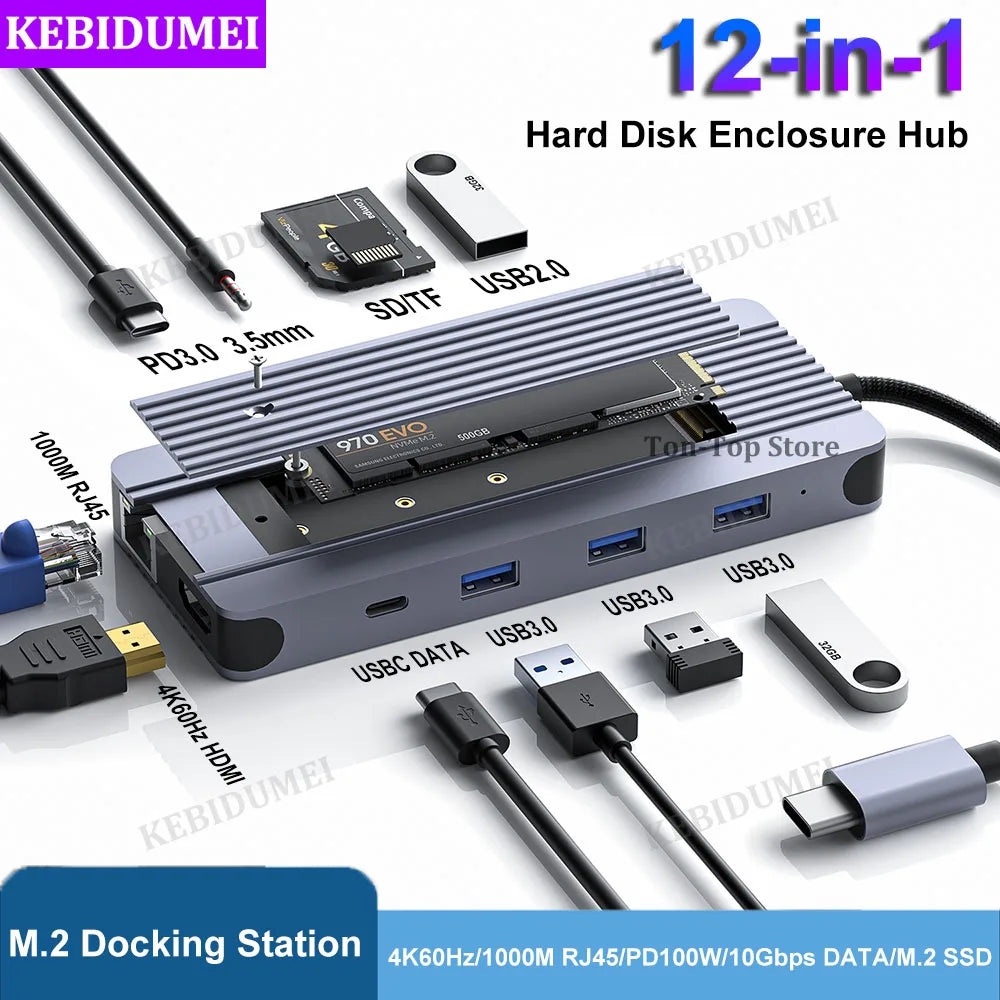 12-in-1 USB C Docking Station M.2 SSD Enclosure USB C HUB TYPE C to HDMI Adapter 4K60Hz 1000Mbps PD100W USB3.0 5Gbps For Macbook