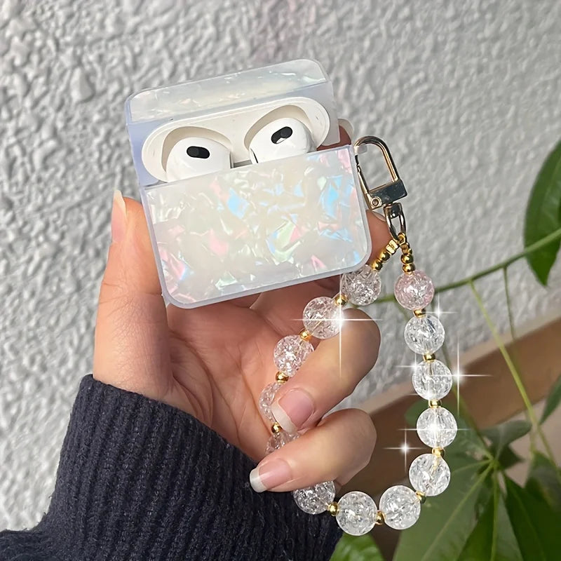 Luxury Glossy Shell Pearl Keychain Ornament Square Earphone Case For Apple AirPods 1 2 Pro 3 Bluetooth Headset Protective Cover - covers4phones