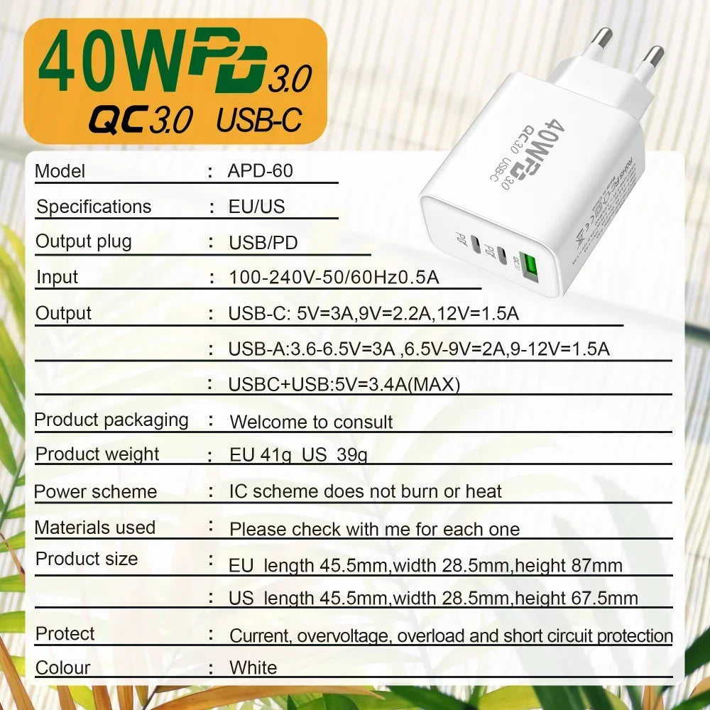 USB C Charger 40W Mobile Phone Type-C PD Fast Charging High Speed Quick Charge 3.0 Wall Adapter Multiple Ports for iPhone Xiaomi - covers4phones