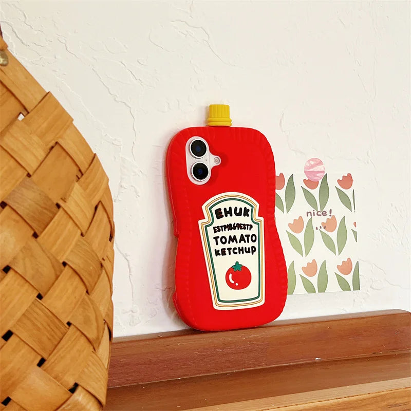 Funny 3D Cartoon Ketchup Phone Case For iPhone 16 15 14 13 12 Pro Max Tomato Soft Silicone Cover