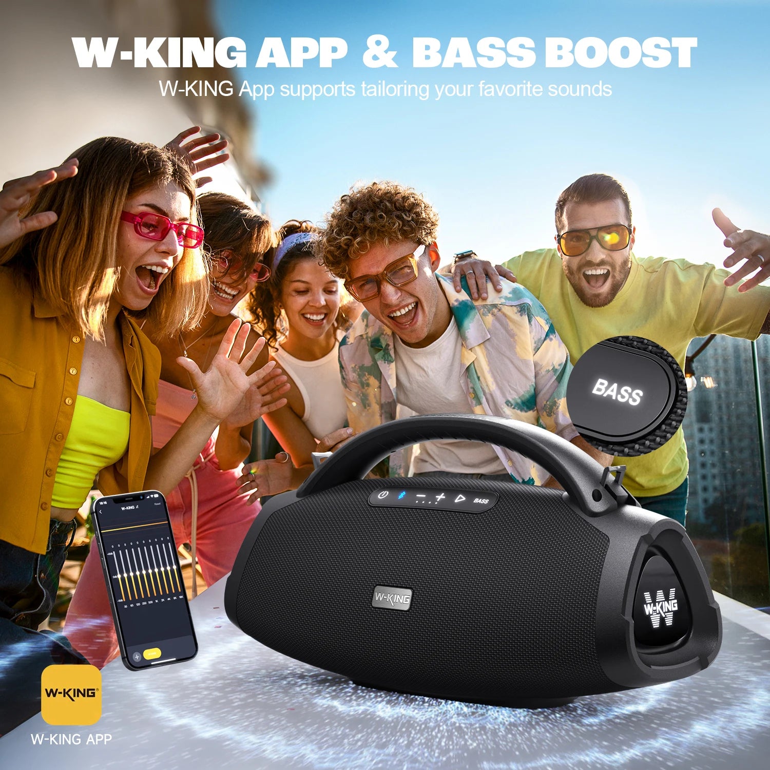 W-KING 200W RMS Portable Bluetooth Speakers, Massive Bass Party Boombox IPX7 Waterproof Speaker Large, Loud Outdoor Speaker - covers4phones
