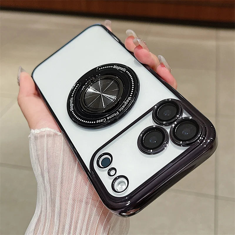Luxury Plating 360 Rotate Ring Bracket Magnetic For Magsafe Case For iPhone 17 Air 16 15 14 Plus 13 12 11 Pro Max 16E Soft Cover