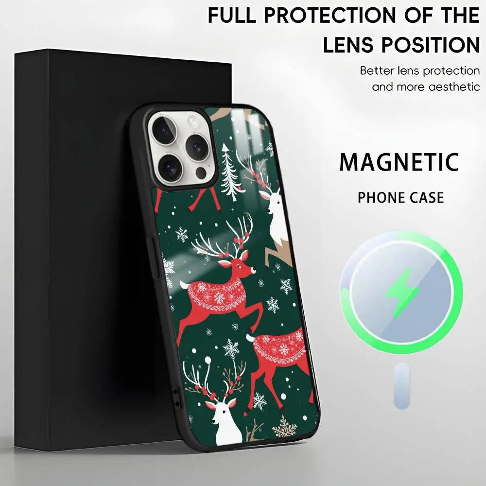 Christmas Reindeer phone case for iPhone 17 16 15 14 13 12 11 Pro Max Plus Mini Magsafe Magnetic Wireless Mirror Funda