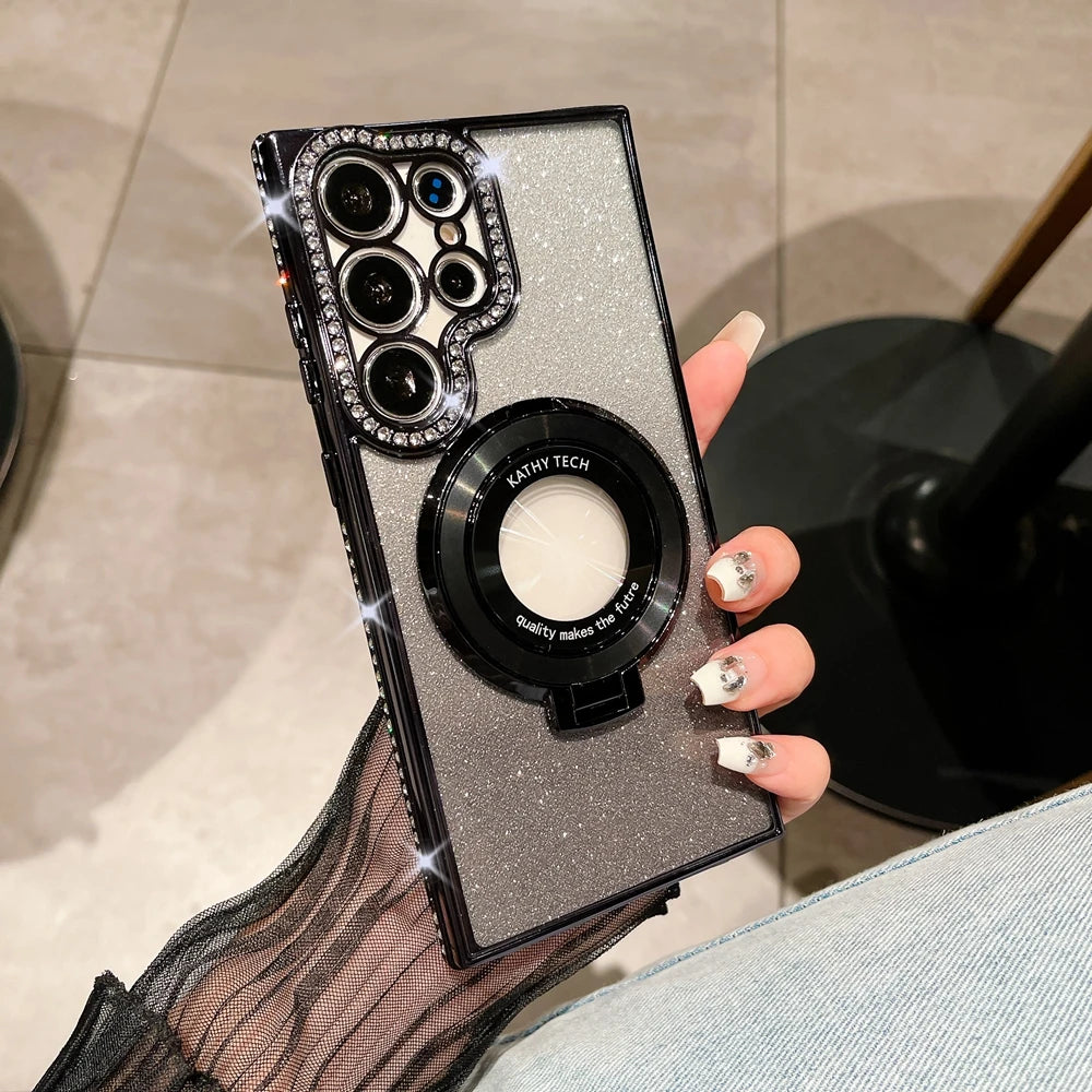 Glitter Diamond for Magsafe Stand Case for Samsung Galaxy S24 Ultra S23 S22 Plus Bracket Ring Holder Magnetic Gradient Cover - covers4phones