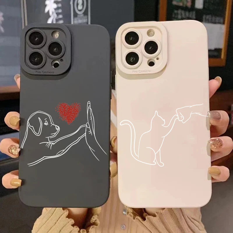 Cat Dog High Five Silicone Phone Case For iPhone 15 16 Pro Max 14 13 12 11 X XS XR 7 8 Plus SE 2020 13Mini Shockproof Soft Cover - covers4phones