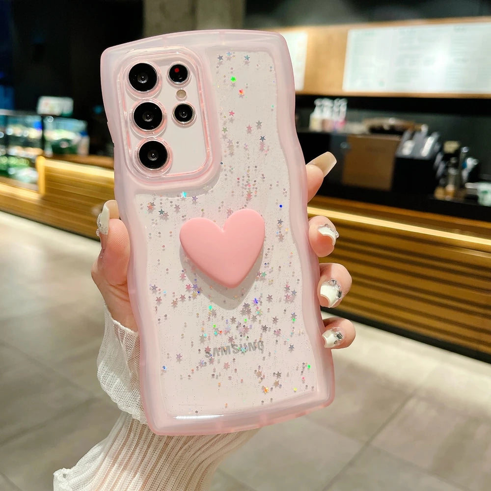 Glitter Love Heart Case for Samsung Galaxy S24 Ultra S23 S22 Plus S20 S21 FE Note 20 A54 A55 A35 A25 A15 A34 A14 A24 Clear Cover - covers4phones