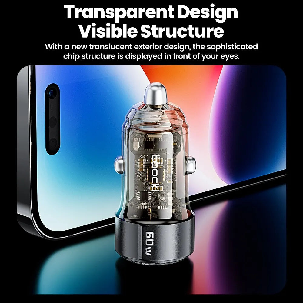 Toocki 60W Car Charger 30W Quick Charge Transparent Case PD 27W for iPhone 15 14 13 12 Xiaomi Poco Samsung Fast Charger Charging - covers4phones