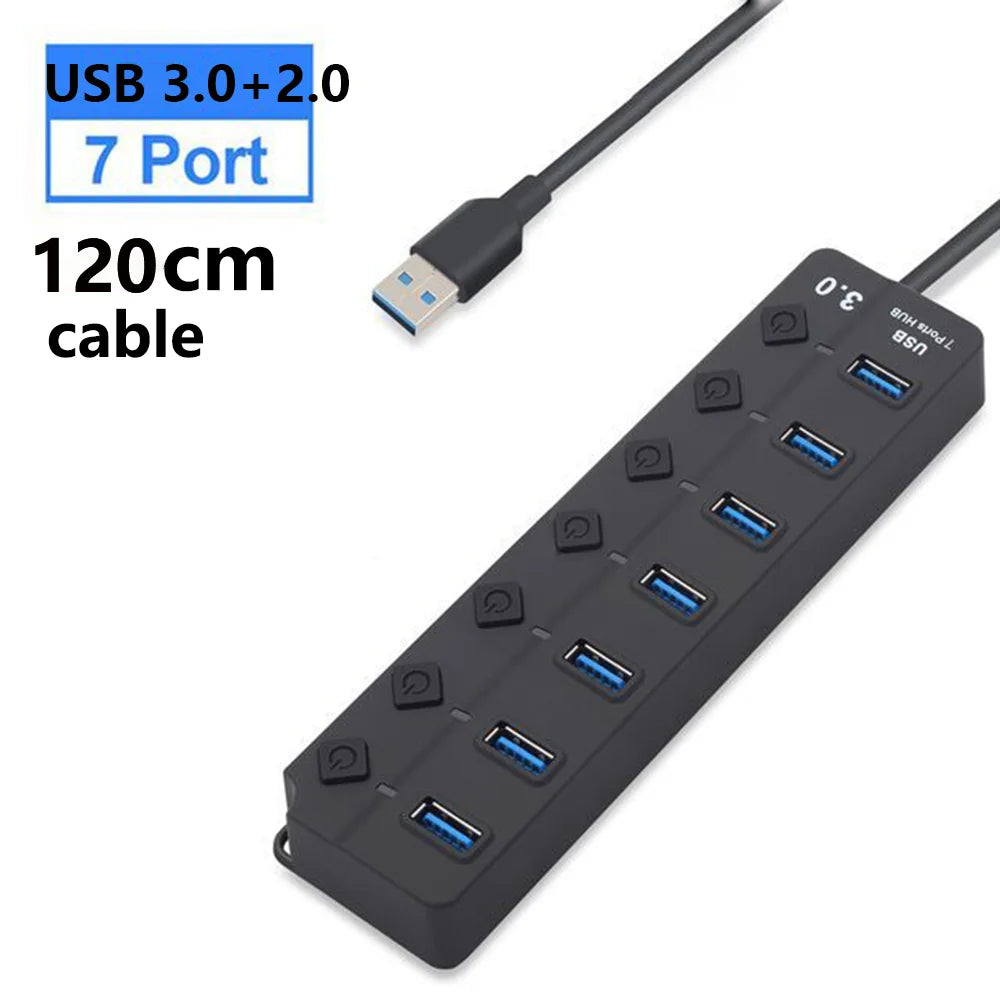 USB Hub 3.0 Multiprise USB High Speed Splitter 7 Port 5Gbps Hub Power Adapter with Switch Long Cable with Multiple Expander Hub