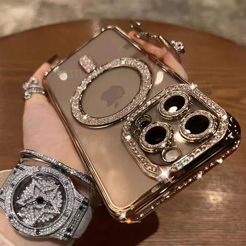 Bling Glitter Rhinestone Magnetic Wireless Charge Case for iPhone 16 15 14 13 12 11 Pro Max Plus Shockproof Pink Jewelled Cover - covers4phones