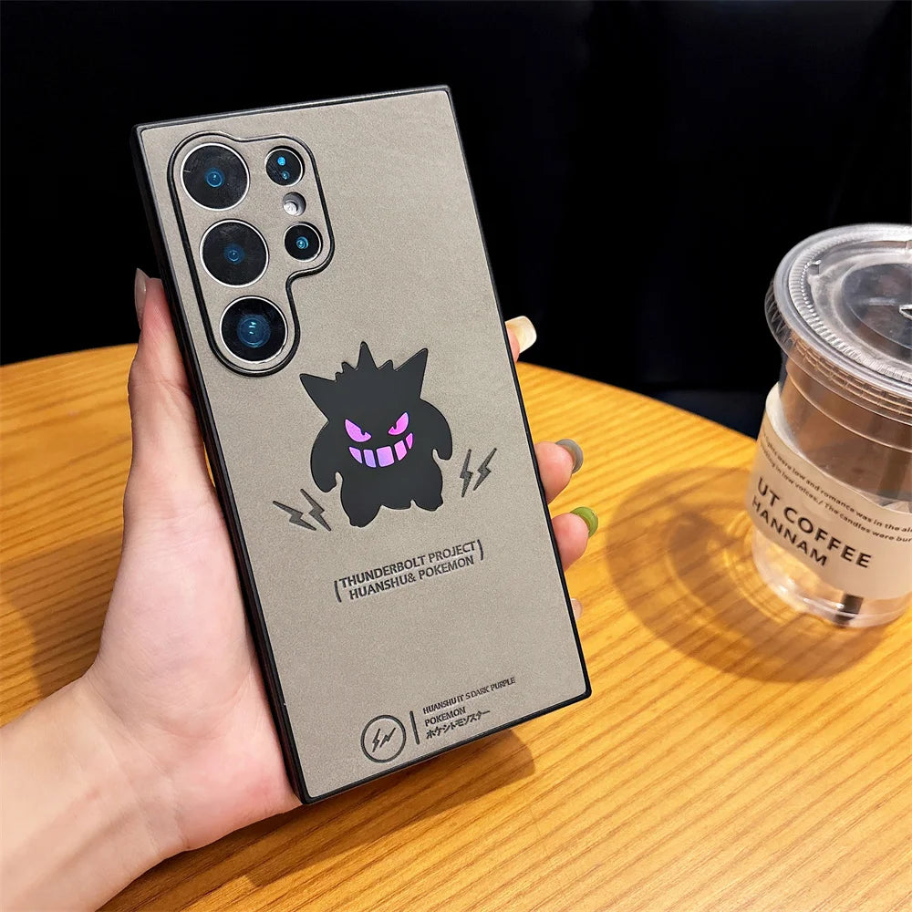 Cartoon Gengar Leather Phone Case with wristband For Samsung Galaxy S25 S24 S23 S22 Ultra Plus Shockproof Cover