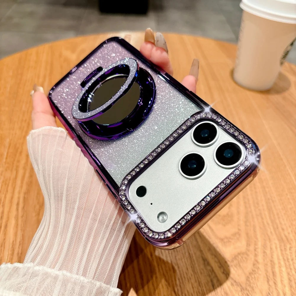 Luxury Diamonds Mirror Bracket Magsafe Case For iPhone Air 17 Pro 16 15 14 13 12 11 Pro Max Plus Gradient Glitter Magnetic Cover