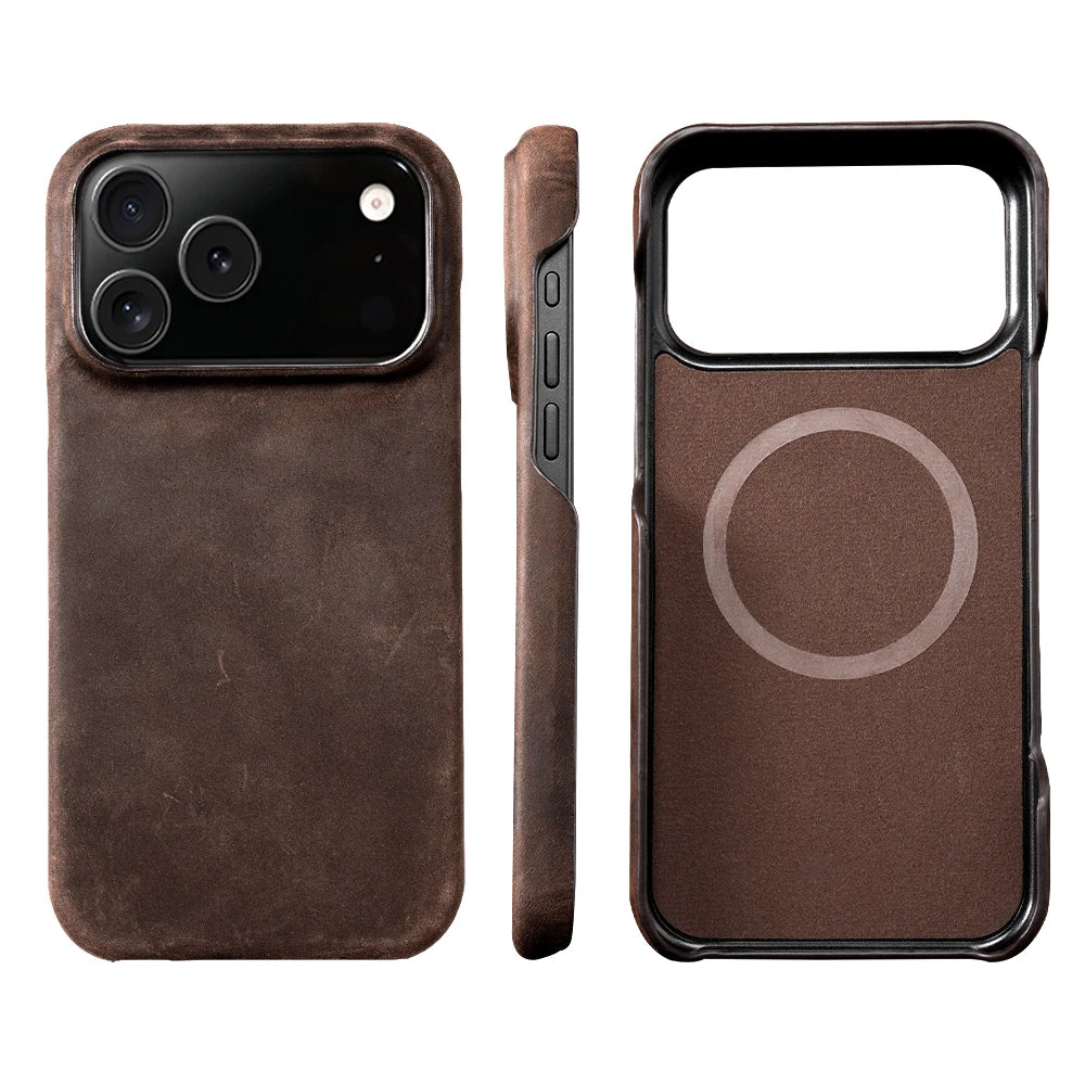 for Magsafe Case for iPhone 15 16 17 Pro Max 17Pro 17 Air 16Pro Retro Luxury Genuine PULL-UP Leather Magnetic Phone Back Cover