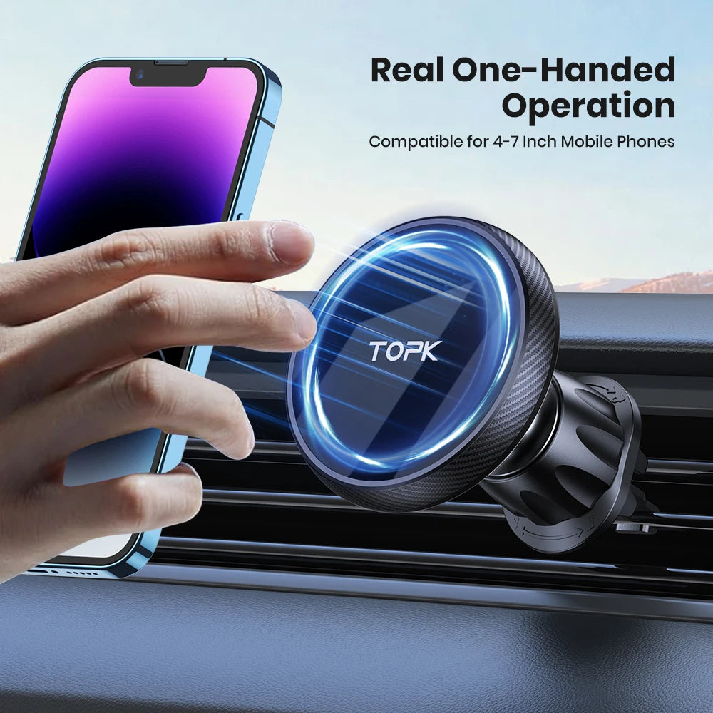 TOPK for Magsafe Car Phone Holder,Powerful Magnetism Premium Quality Single-Hand Operation Metal Hook Magnetic Car Phone Mount - covers4phones