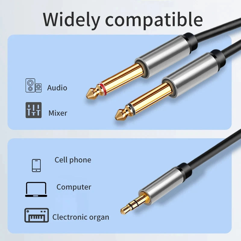 3.5mm to Double 6.5mm TRS Cable AUX Adapter Audio Cable 6.5 Jack to Stereo 3.5 Jack for Mixer Amplifier Speaker 6.35mm Adapter - covers4phones