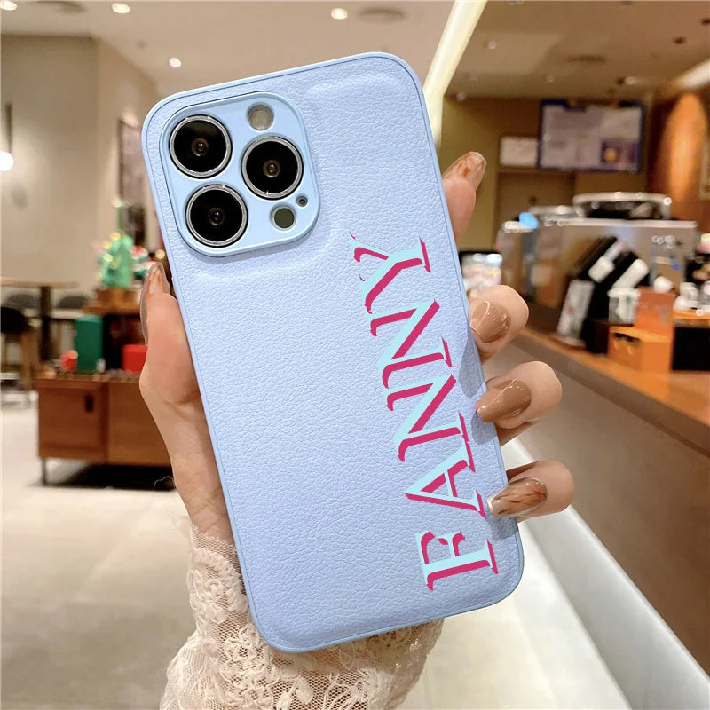 3D Colorful Personalised Name Case For iPhone 11 12 13 14 15 16 Pro Max XR XS MAX 7 8 Plus Luxury Korea Leather Customized Cover - covers4phones