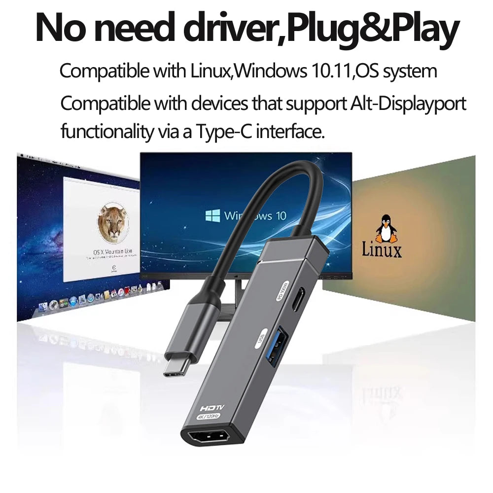 Tebe 3 IN 1 USB C Hub Type-c to 4K 120HZ HDMI-Compatible USB3.0 Data 100W PD Type-c Charging Adapter USB-C Docking Station
