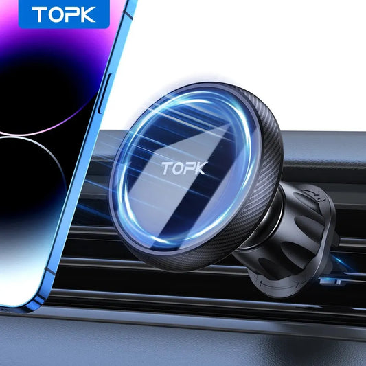 TOPK for Magsafe Car Phone Holder,Powerful Magnetism Premium Quality Single-Hand Operation Metal Hook Magnetic Car Phone Mount - covers4phones