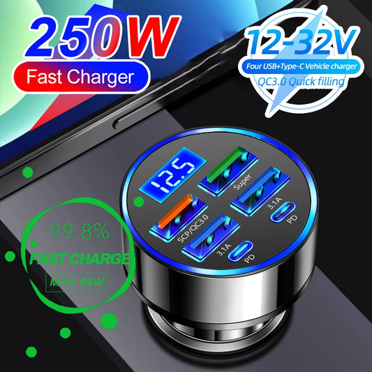66-250W PD Car Charger QC3.0 Fast Charge One to Six Car Cigarette Lighter Plug Car Charger Flash Charge with Digital Display - covers4phones